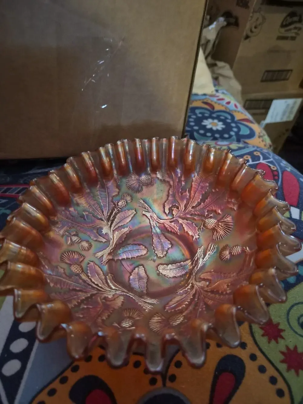 Vintage Fentonbcarnival Glass Bowl With Thistle Pattern With A Distinctive...